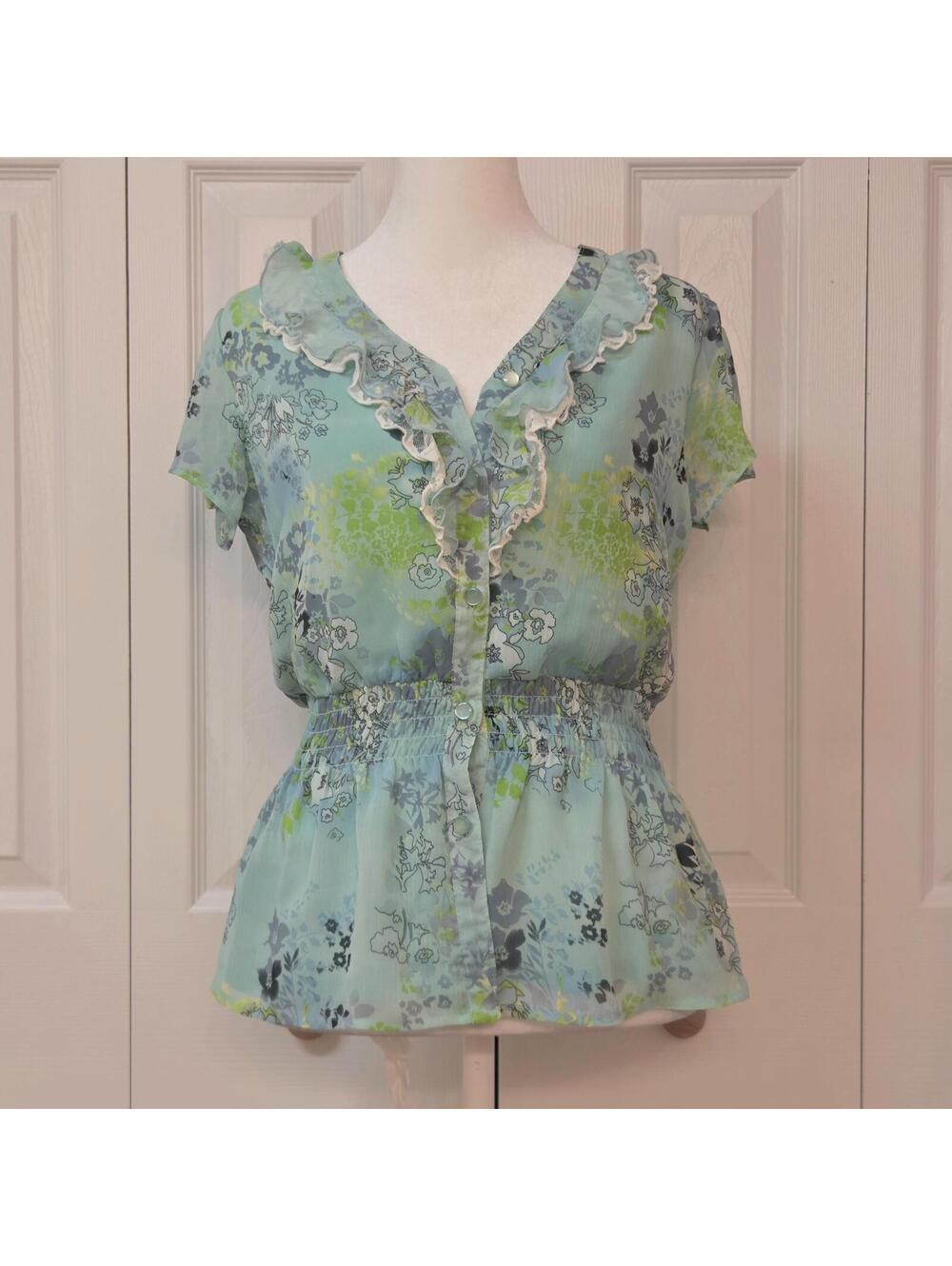 Aqua Blue Grungy Floral Ruffle Peplum Blouse Size PS Retro Y2K Cottage Fairy Top